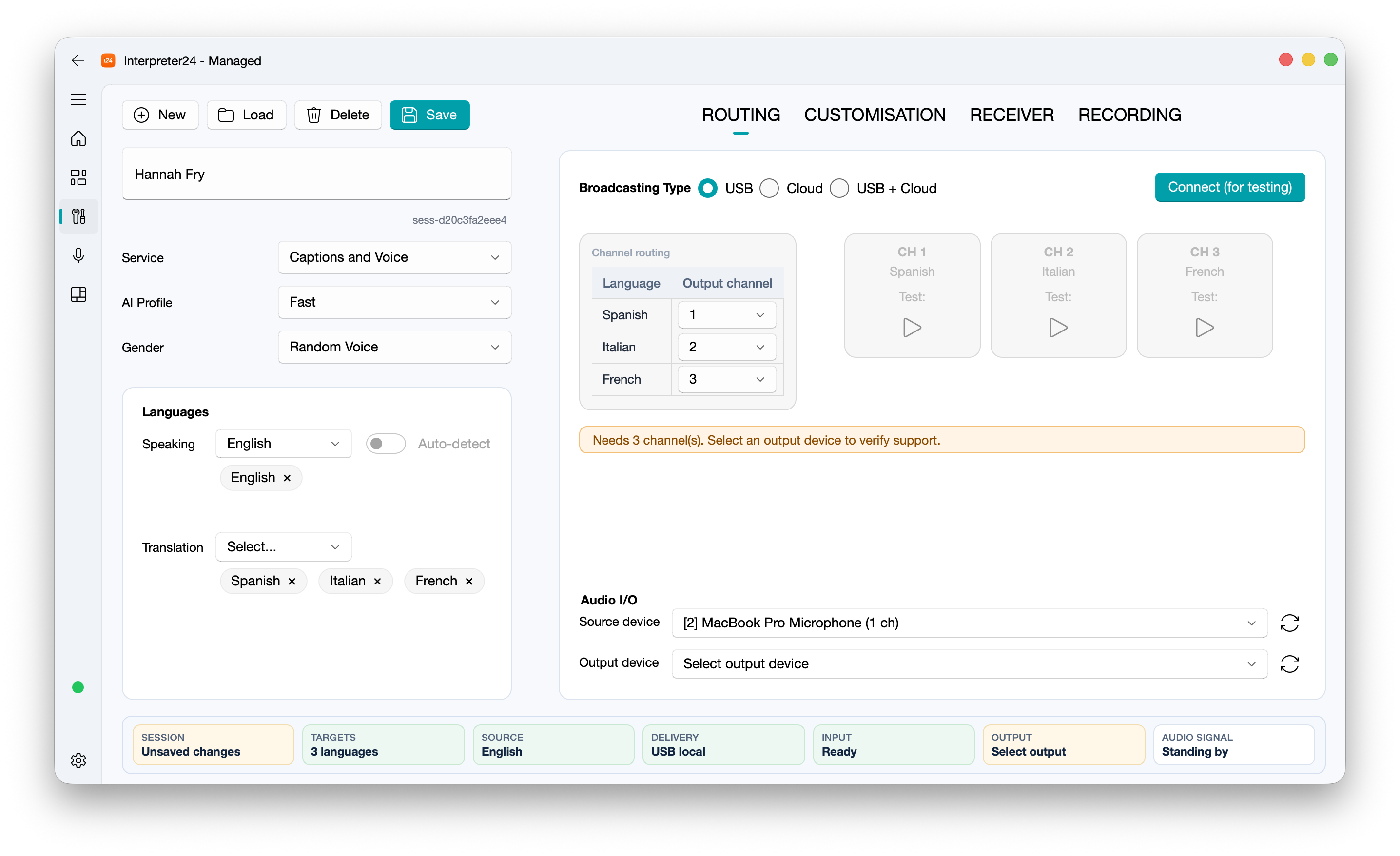 Translation App session configuration view